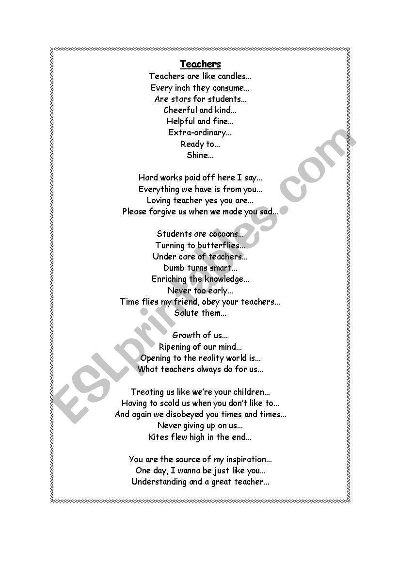 theacher`s poem worksheet